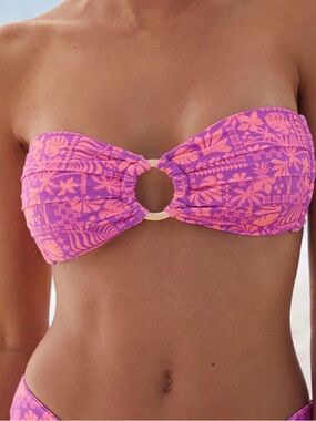 Kulani Kinis Pink and Coral Floral Ring-Front Bandeau Bikini Top
